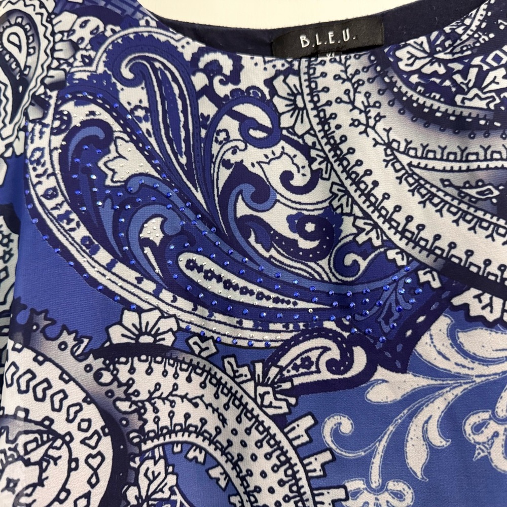 BLEU Navy Paisley Sheer Overlay Top XL Rhinestone Blouse - Picture 2 of 11